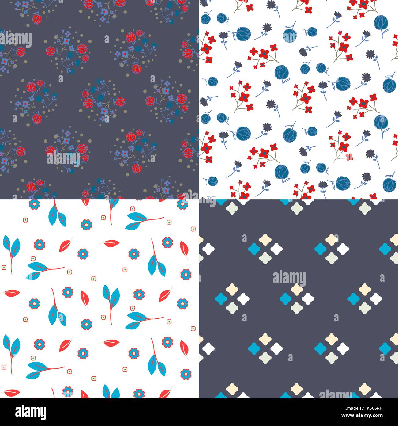 Millefleur flowers and geometric seamless vector pattern set. Stock Vector