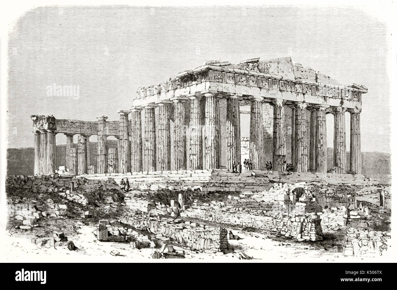 Ancient famous ruins of the greek temple temple Parthenon Athens. Full picture. Illustration executed in gray tones By Therond after photo by unknown author published on Le Tour du Monde Paris 1862 Stock Photo
