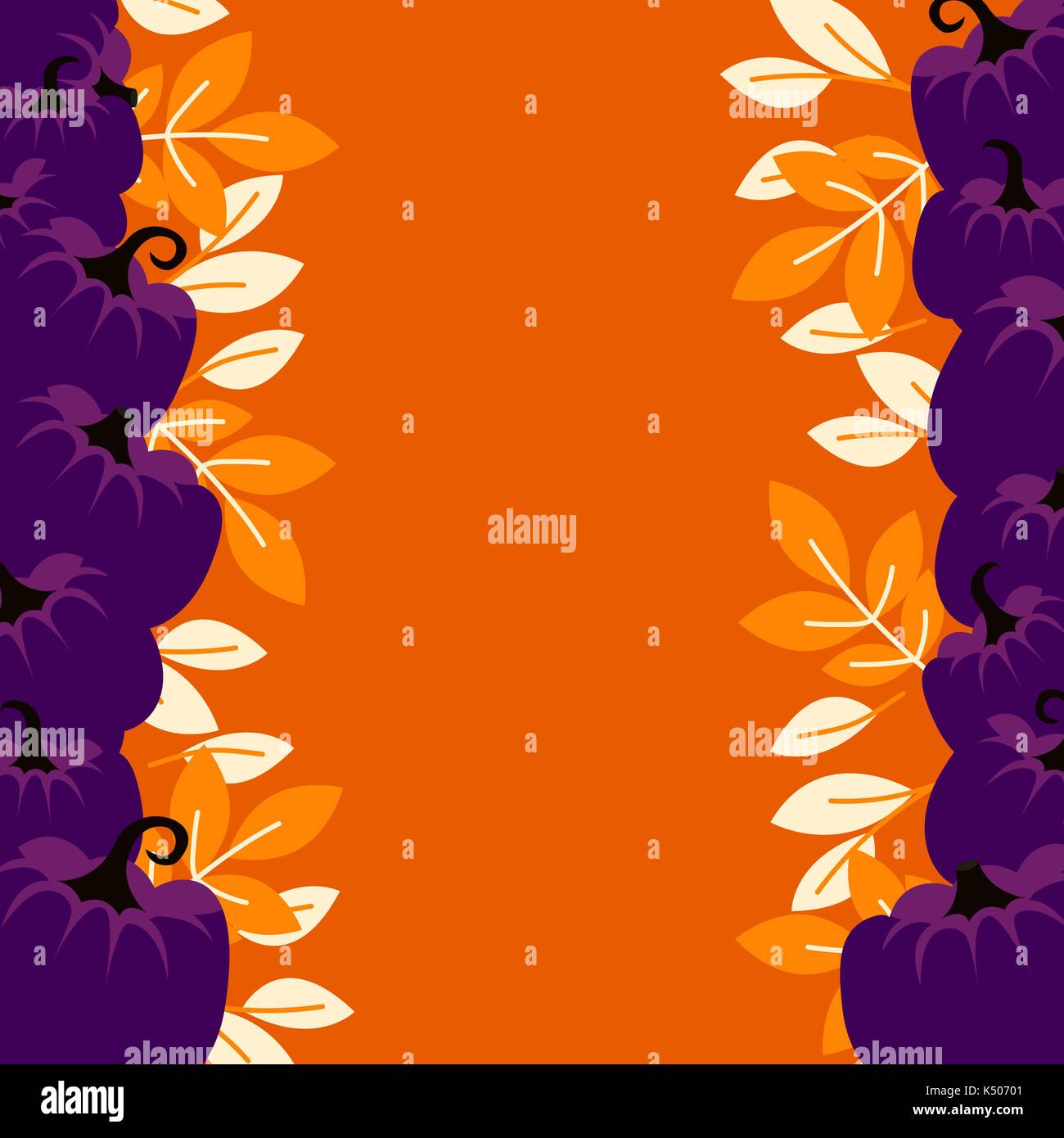 Purple pumpkins on orange border background card template. Stock Vector