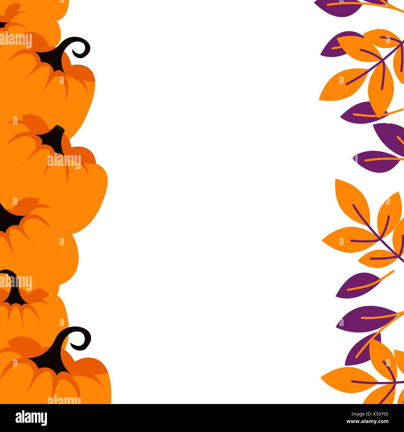 Purple pumpkins on orange border background card template. Stock Vector