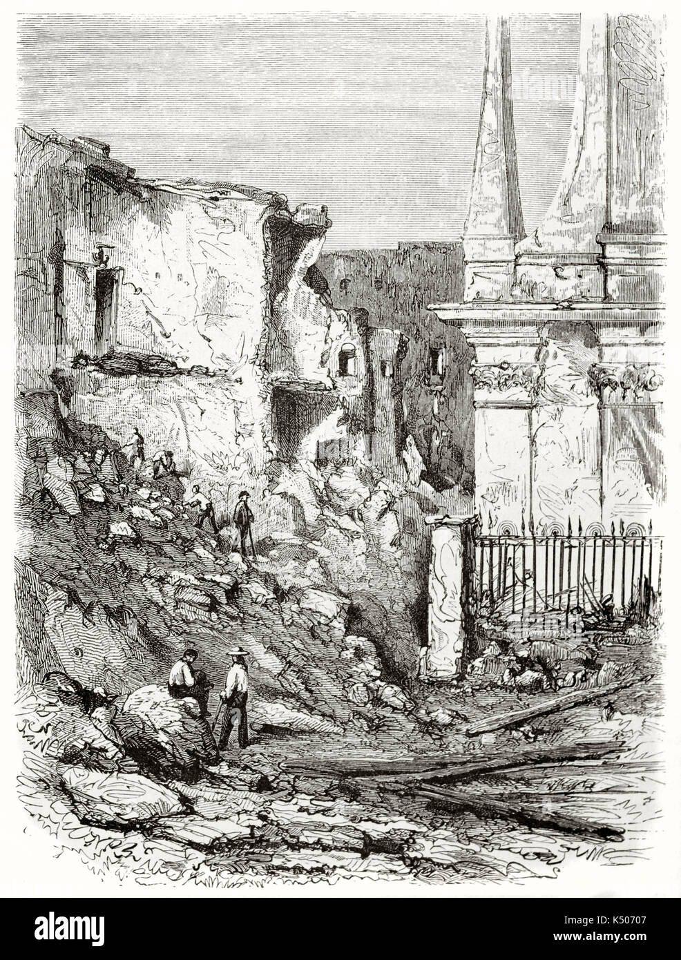 Ancient buildings ruins with people climbing on it. Ruins in Torre del Greco Italy after Vesuvius eruption and overflowing in 1861. By Riou published on Le Tour du Monde Paris 1862 Stock Photo