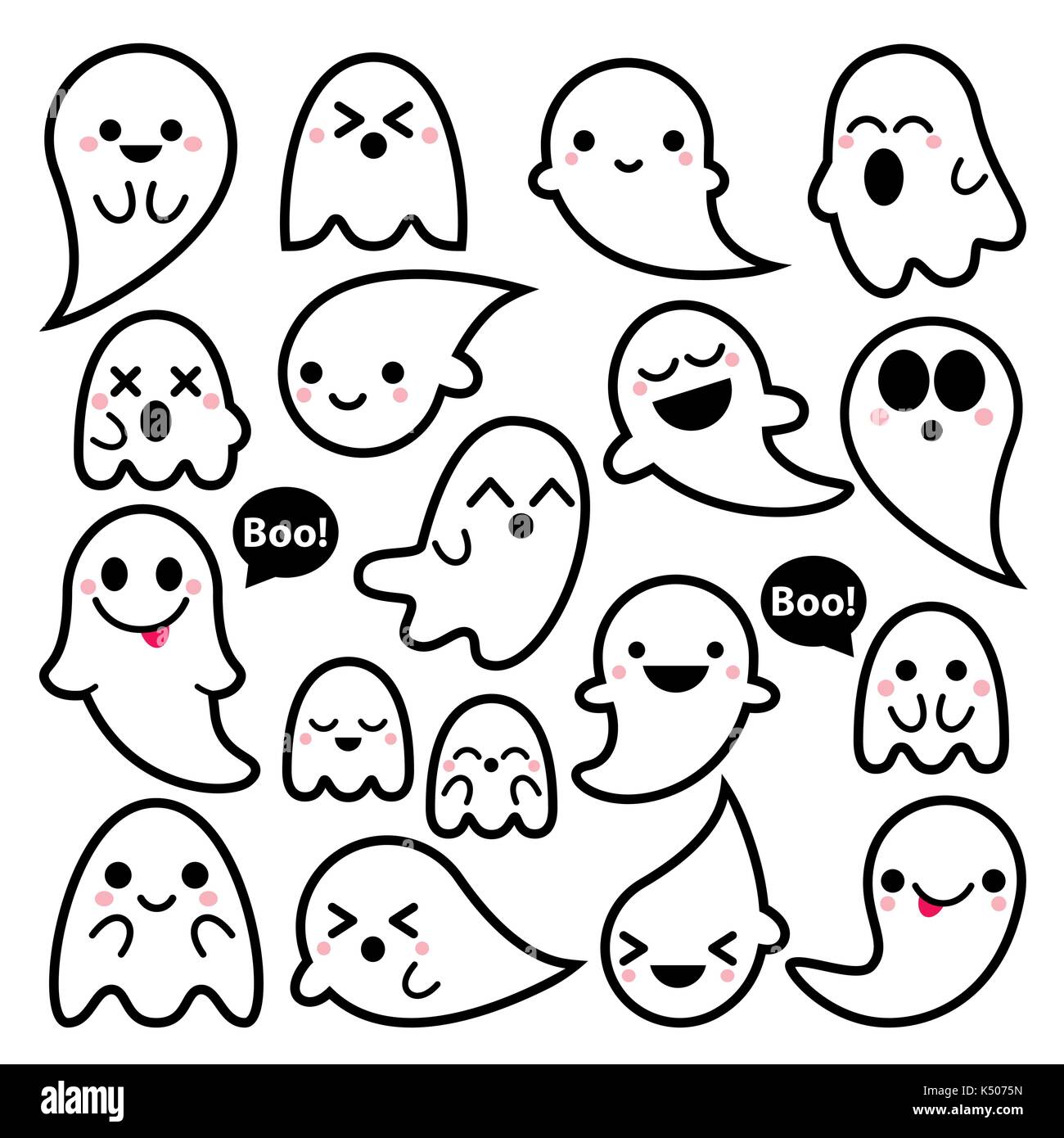 Cute vector ghosts icons, Halloween design set, Kawaii black stroke ghost collection on white background    Cartoon ghost characters Stock Vector