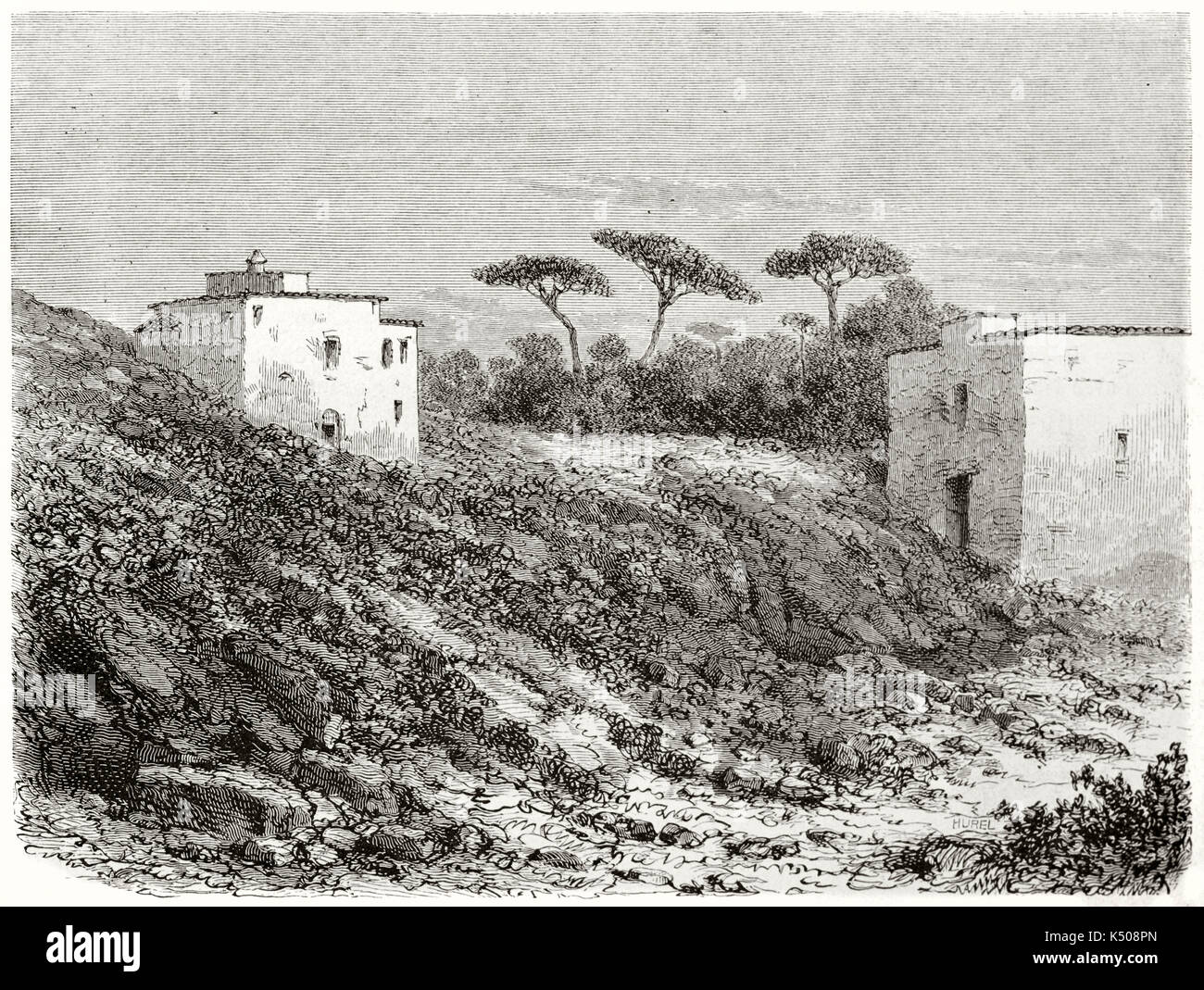 Ancient houses buried by hardened lava in the south Italian countryside after 1858 Vesuvius eruption. Created by Riou after Monnier published on Le Tour du Monde Paris 1862 Stock Photo