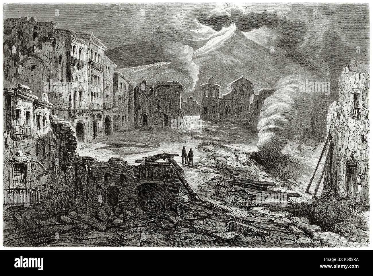 Ruined and desolated scenario in Torre del Greco main square while Vesuvius erupting in 1861 Italy. Created by Riou after photo by unknown author published on Le Tour du Monde Paris 1862 Stock Photo