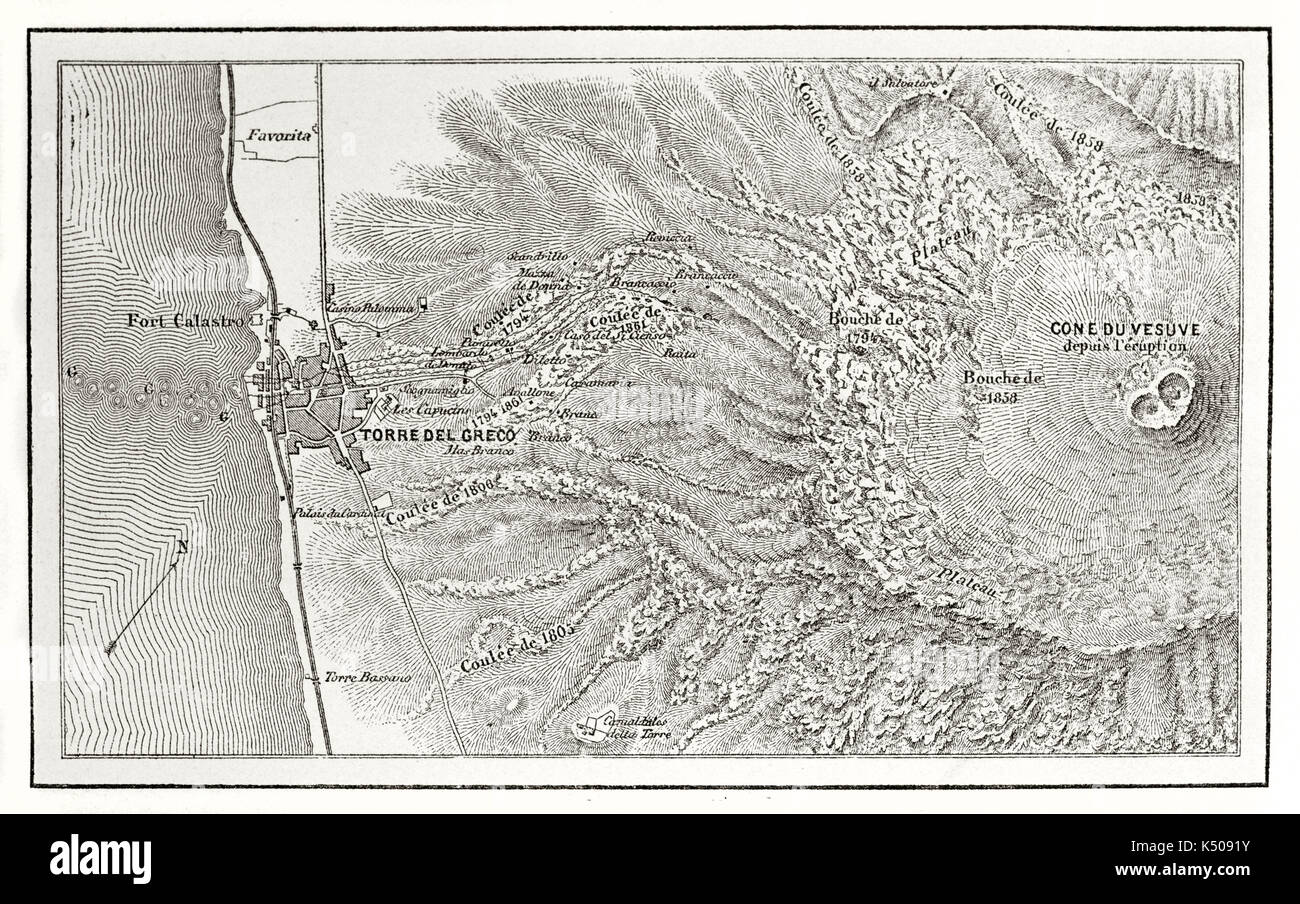 Old sepia tone map of volcanic phenomena during Vesuvius eruption in 1861-62. Detail on Torre Del Greco area. Created by Erhard and Bonaparte published on Le Tour du Monde Paris 1862 Stock Photo