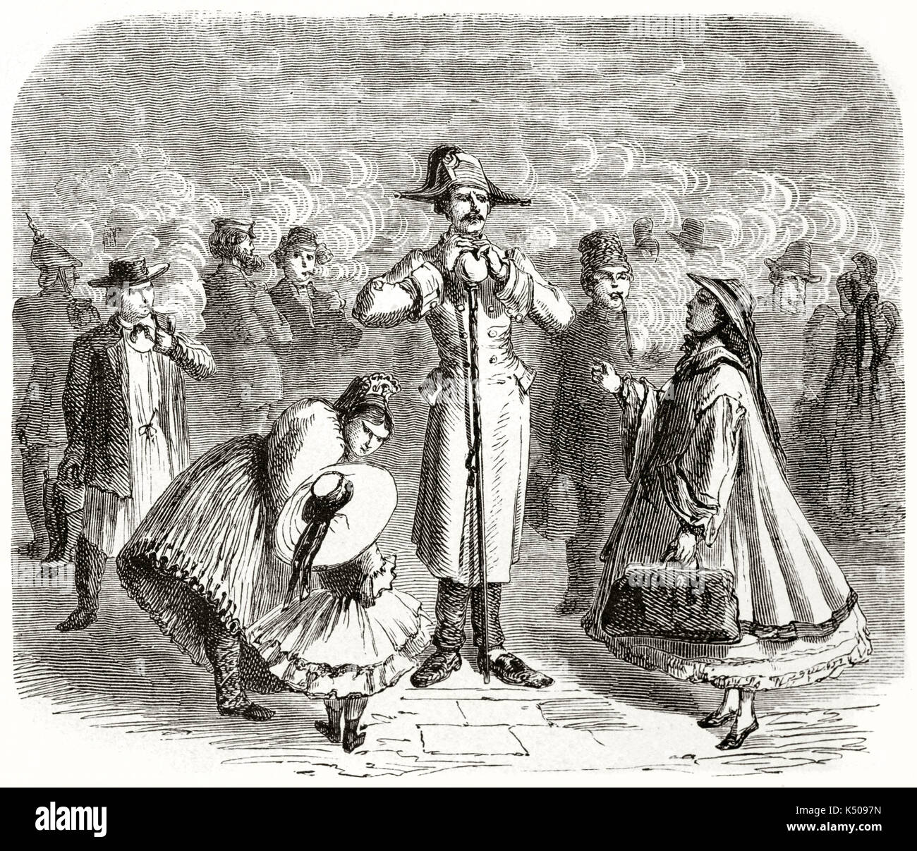 Ancient humor style illustration of a waiting room in Augsburg, Germany, full of smoking and elegant dressed people. Created by Lancelot and Dumont published on Le Tour du Monde Paris 1862 Stock Photo