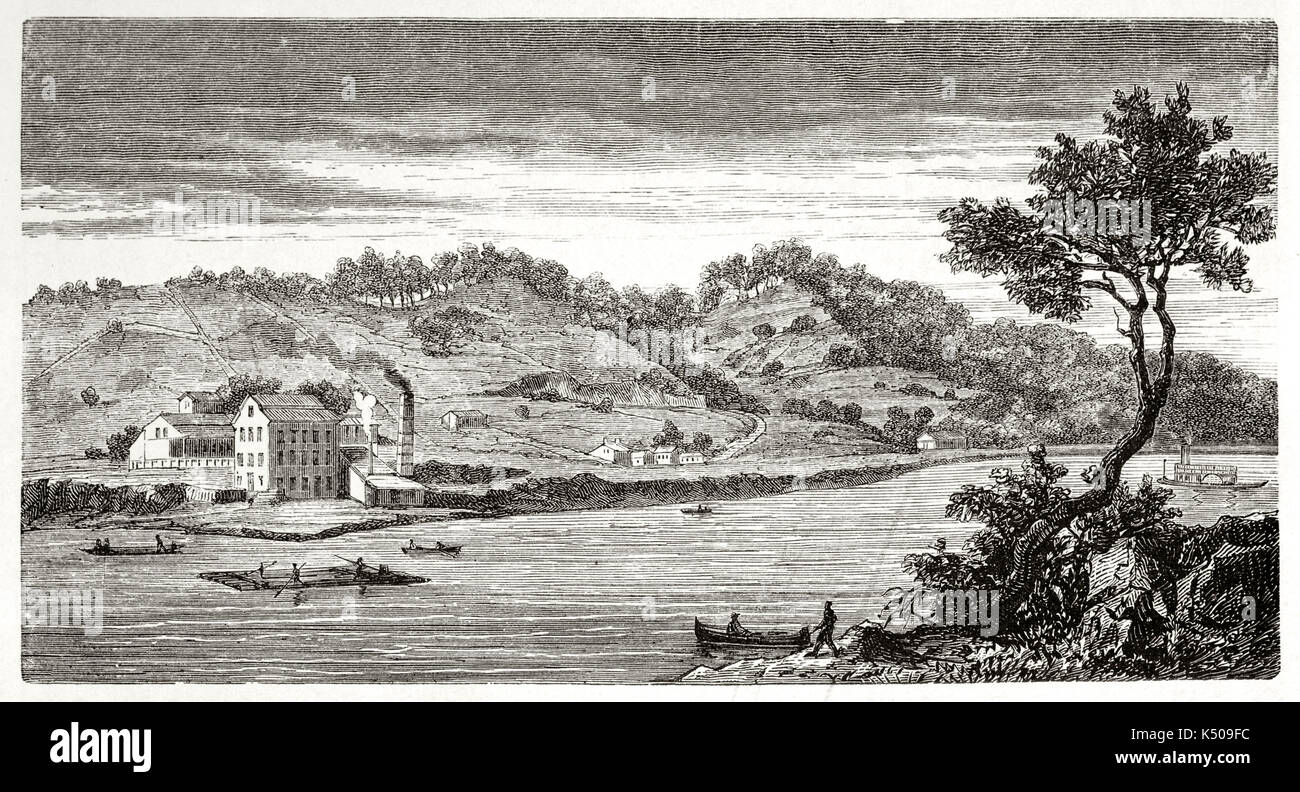 Ancient large view of Weston along Missouri river USA. Vegetation, boats, hills and a little factory on the shore. By Guaiaud after The Geological Survey of Missouri on Le Tour du Monde Paris 1862 Stock Photo