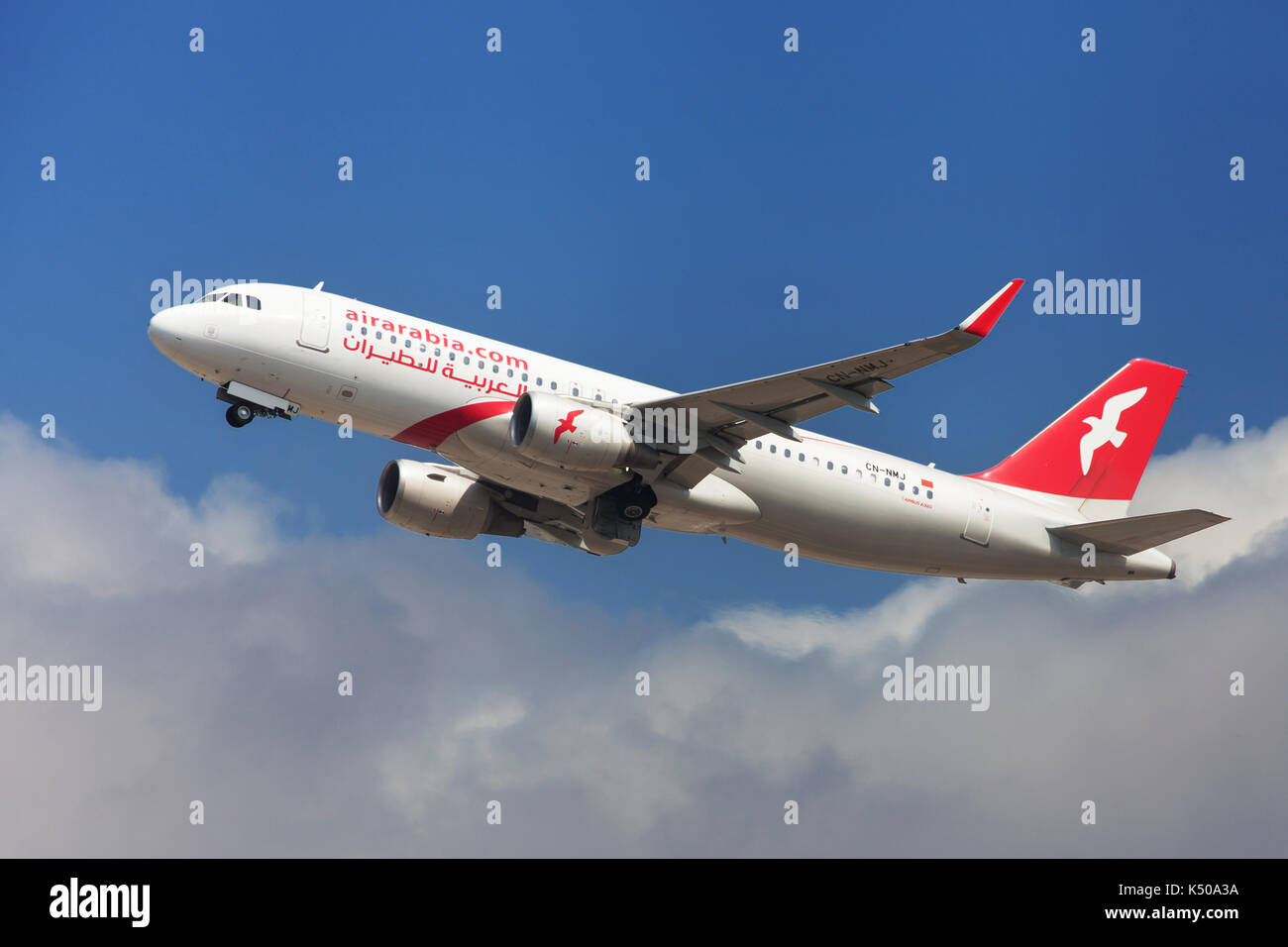 Barcelona, Spain - August 9, 2017: Air Arabia Maroc Airbus A320 taking off from El Prat Airport in Barcelona, Spain. Stock Photo