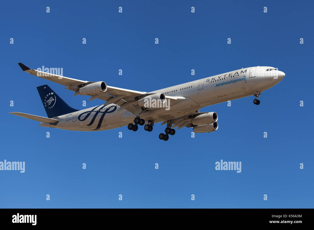 Barcelona, Spain - August 10, 2017: Aerolineas Argentinas Airbus A340-300 with Skyteam livery approaching to El Prat Airport in Barcelona, Spain. Stock Photo