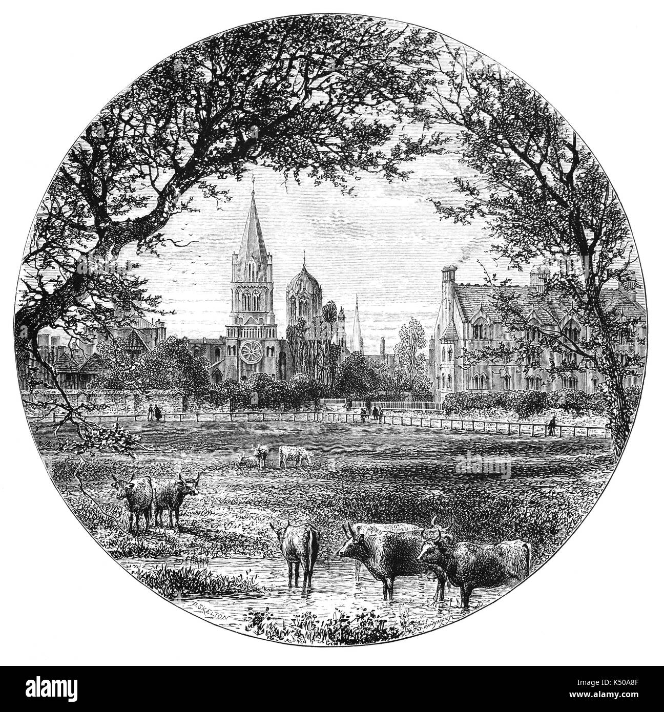 1870: Christ Church from Merton Meadows. Sometimes known as 'The House' it is a constituent college of the University of Oxford. Founded in 1546 by King Henry VIII, it is one of the larger colleges of the University of Oxford, England. Stock Photo