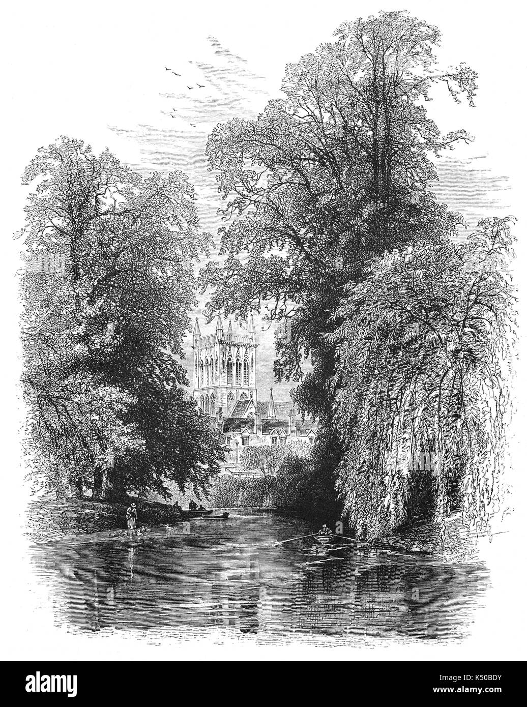 1870: View from the River Cam of St John's CollegeTower.  A constituent college of the University of Cambridge it was founded by Lady Margaret Beaufort. In constitutional terms, the college is a charitable corporation established by a charter dated 9 April 1511. The aims of the college, as specified by its Statutes, are the promotion of education, religion, learning and research.England Stock Photo