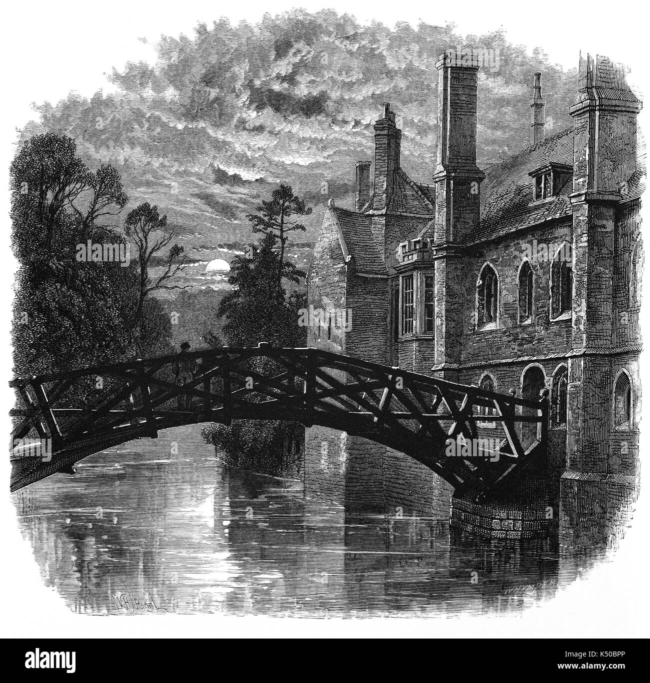 1870: A moonlit view of the Mathematical Bridge over the River Cam built in 1749 and connecting the two sides Queens' College, a constituent college of the University of Cambridge, England.  Queens' is one of the oldest and largest colleges of the university, founded in 1448 by Margaret of Anjou (the queen of Henry VI, who founded King's College), and has some of the most recognisable buildings in Cambridge. Stock Photo
