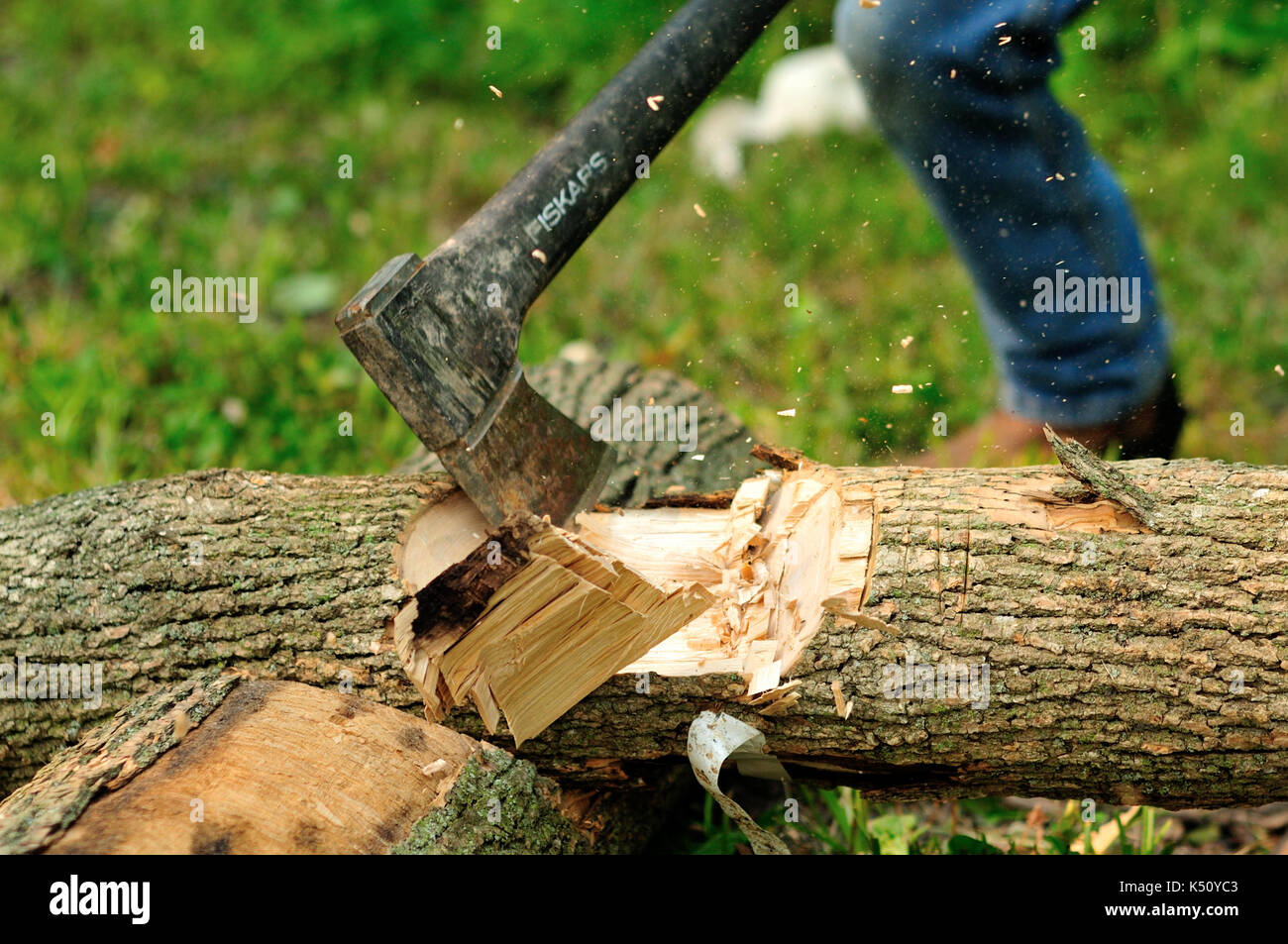 Man chopping wood with woodchips flying Stock Photo