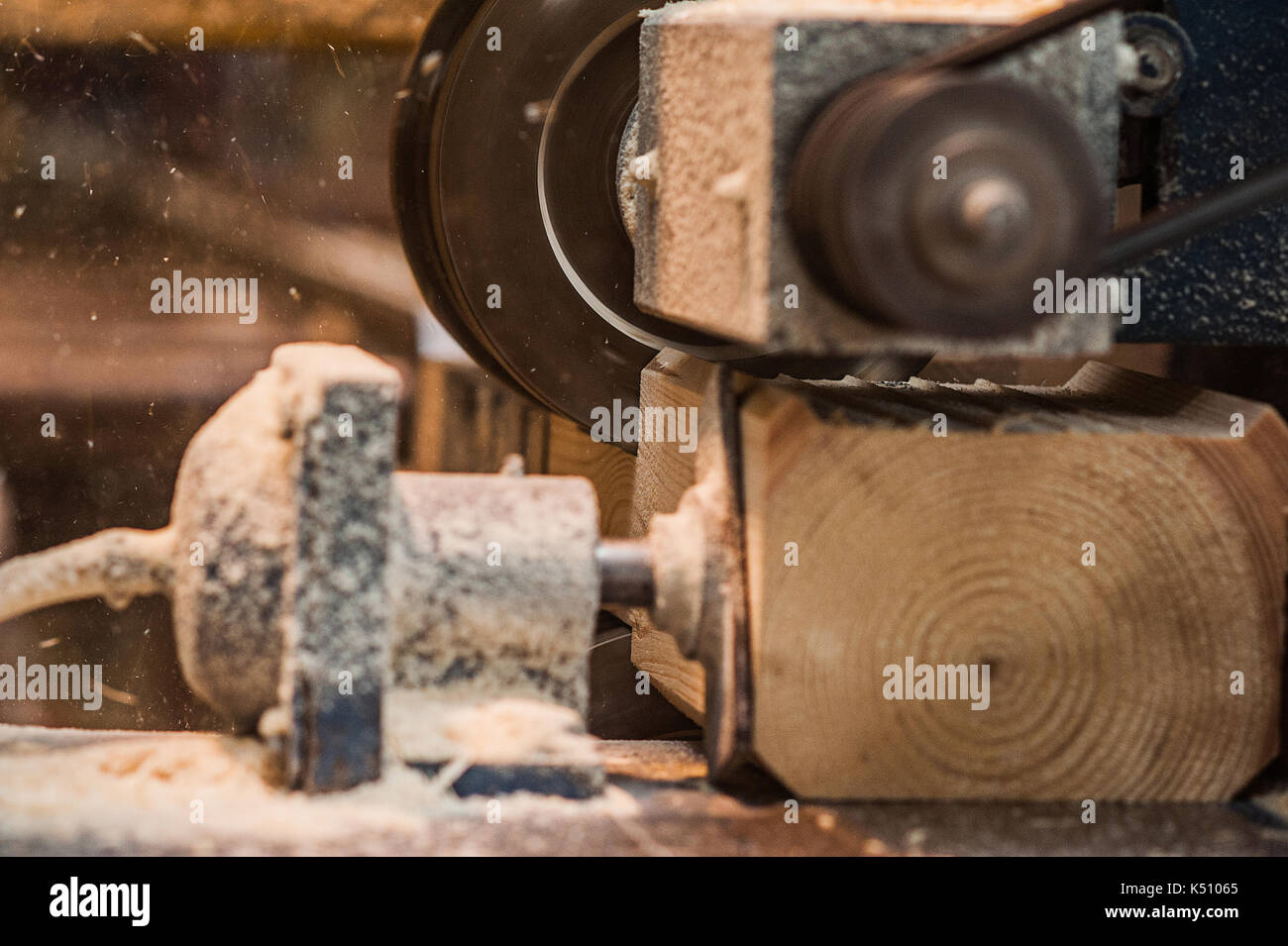 The machine for sampling the groove in a wooden beam. in progress Stock Photo