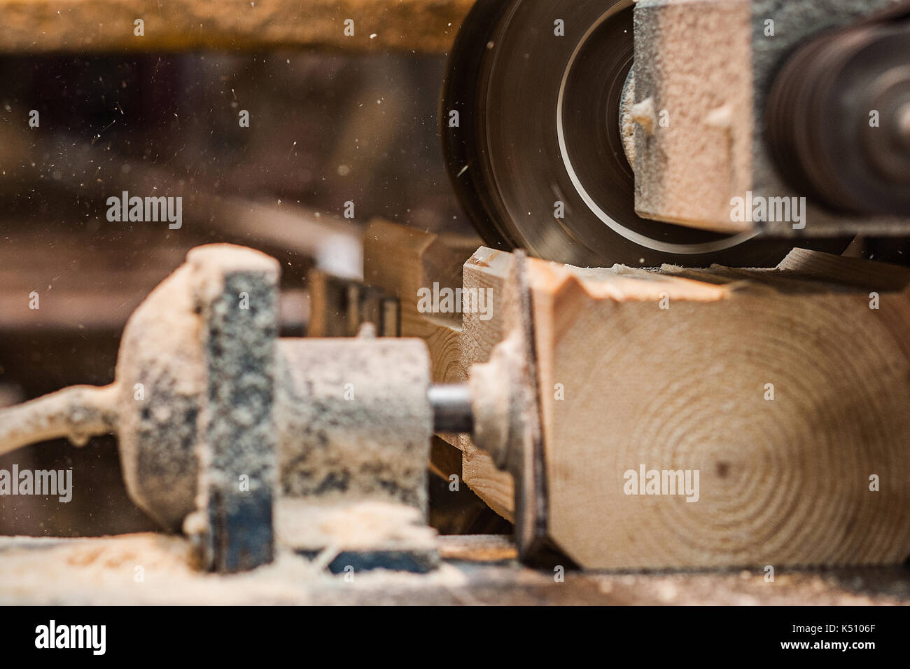 The machine for sampling the groove in a wooden beam. in progress closeup another view Stock Photo