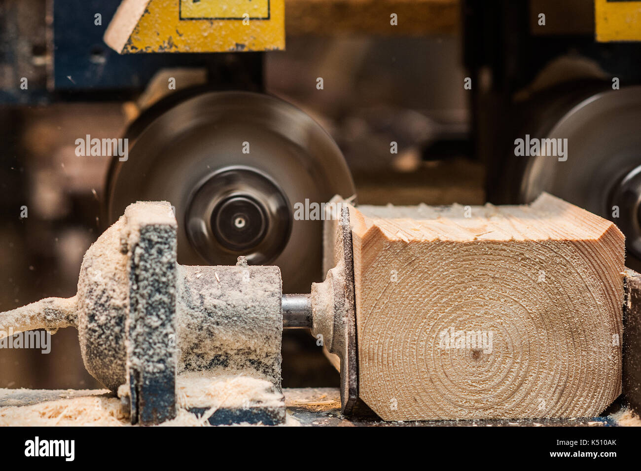 The machine for sampling the groove in a wooden beam. in progress macro Stock Photo