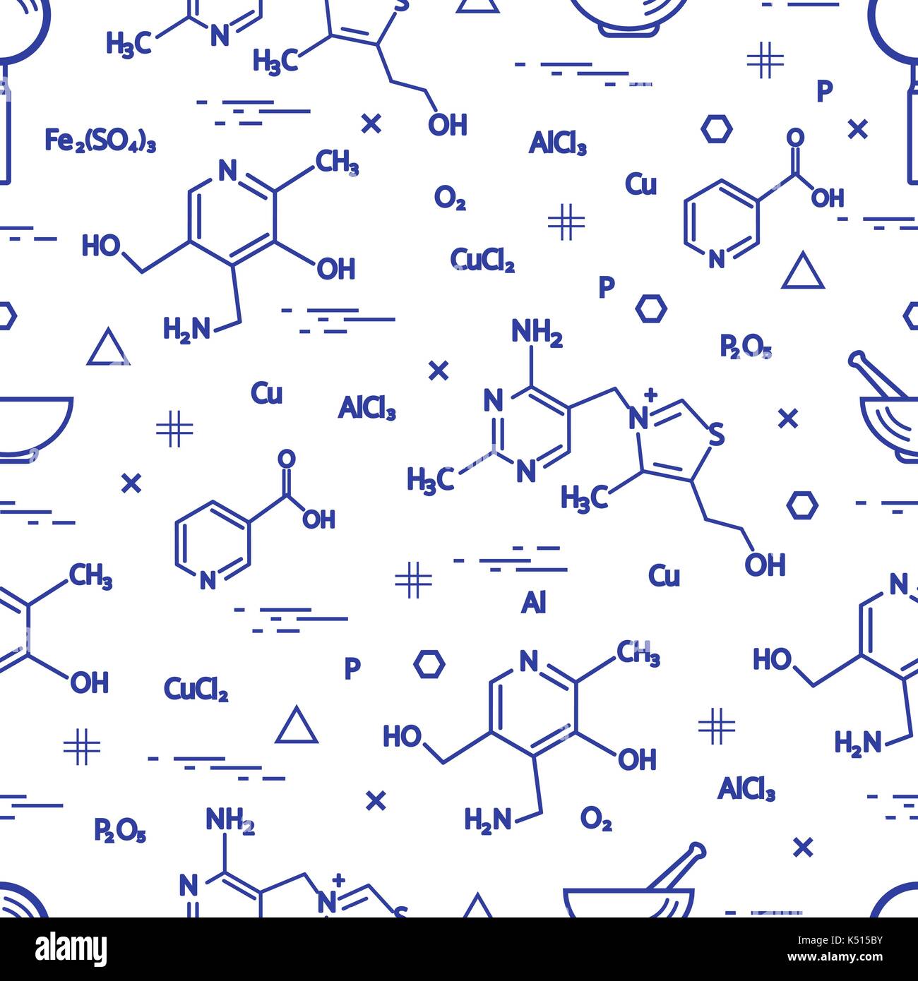 Seamless pattern with scientific, education elements: molecular structure, formula, pestle and other. Design for banner, poster or print. Stock Vector