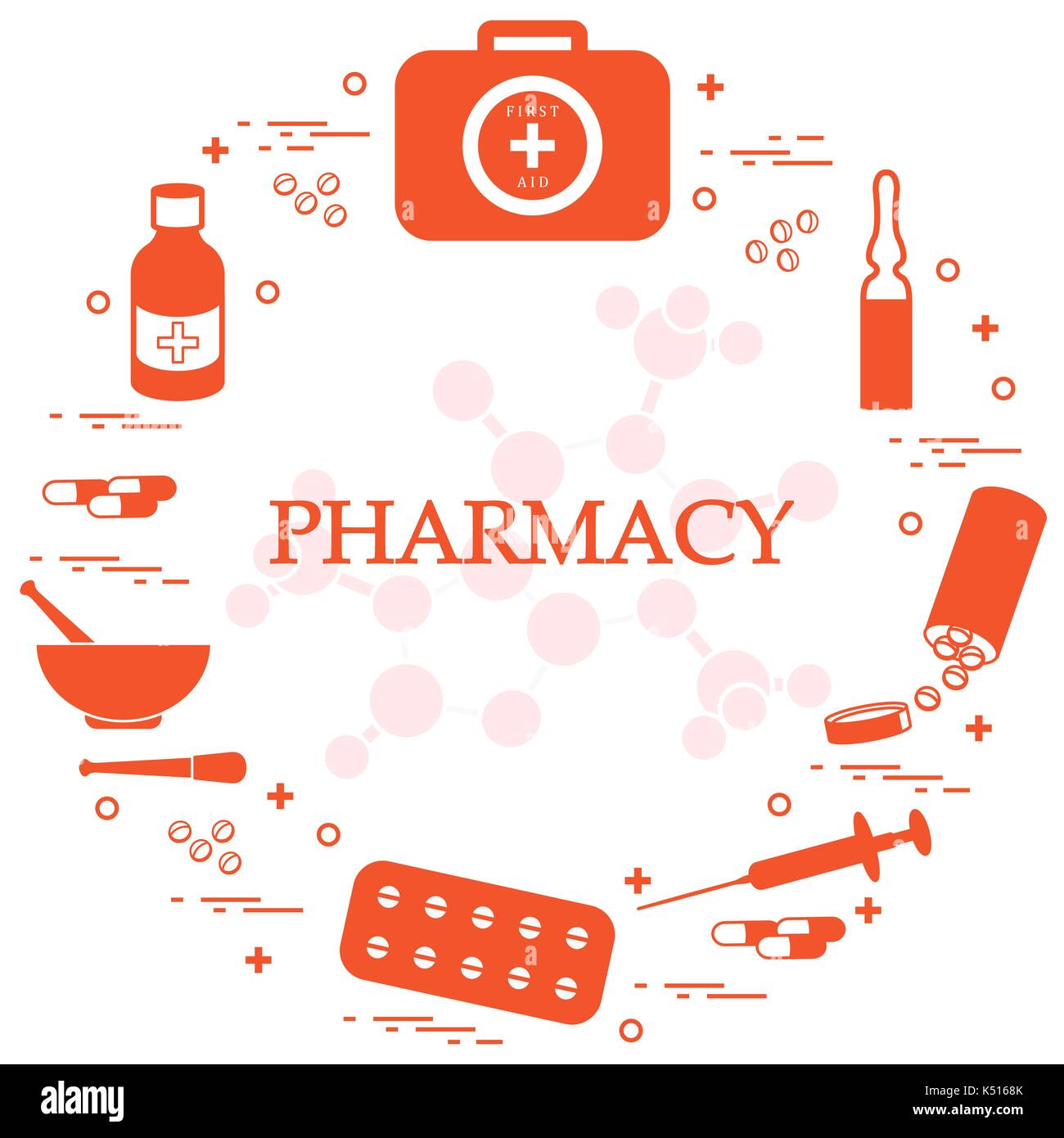 Set of various medical devices and drugs first aid kit arranged in a circle. Health and