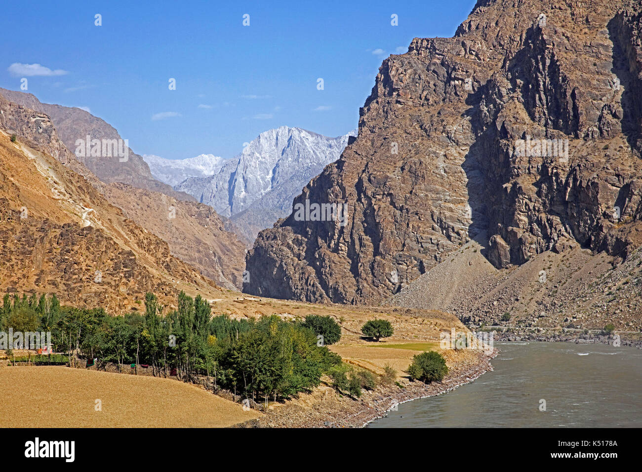 The Pamir Highway / M41 along the Panji River marking the border between Tajikistan and Afghanistan Stock Photo
