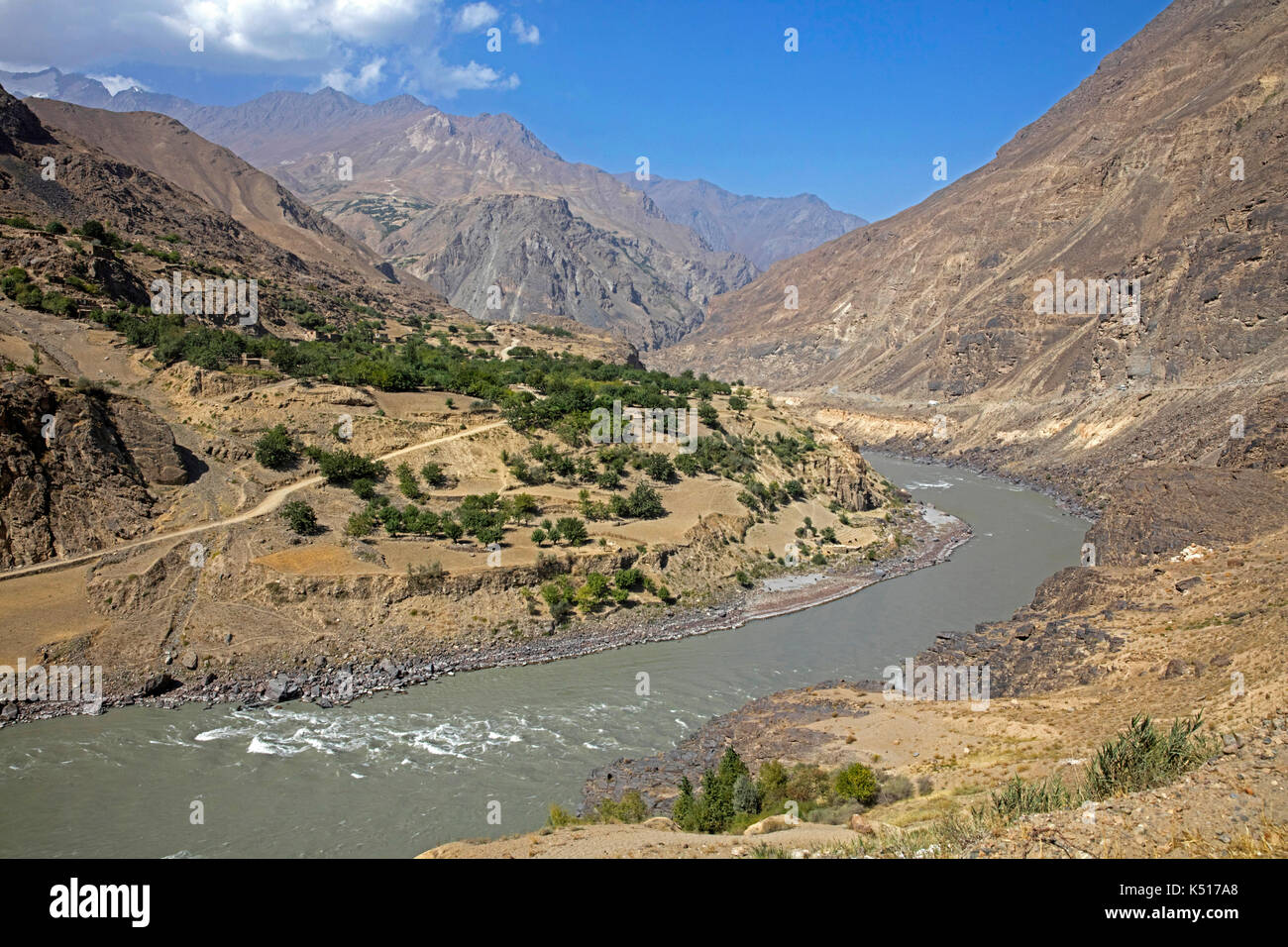 The Pamir Highway / M41 along the Panji River marking the border between Tajikistan and Afghanistan Stock Photo