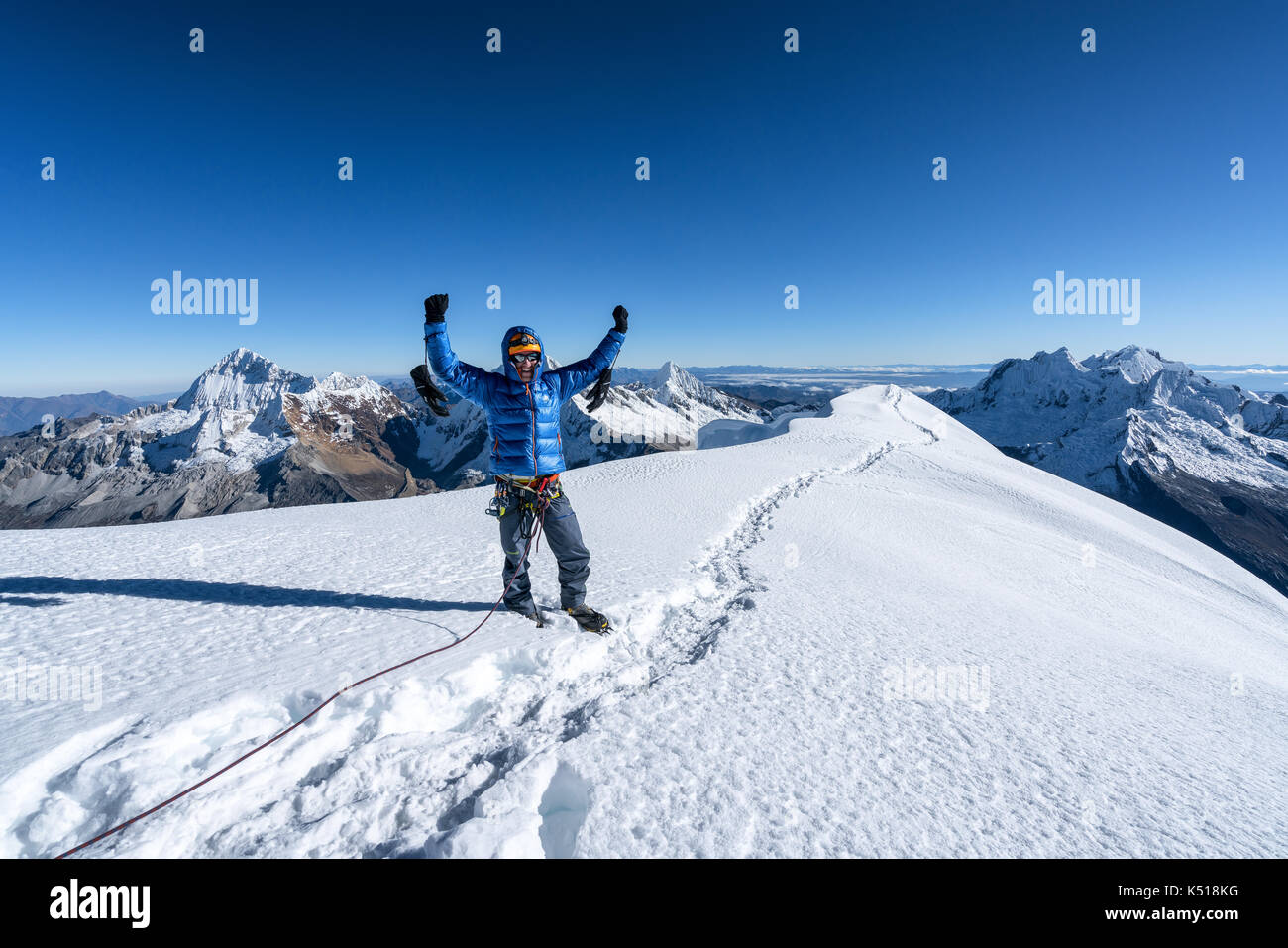 At the summit of Artesonraju mountain, Santa Cruz valley, Cordillera Blanca, Peru Stock Photo