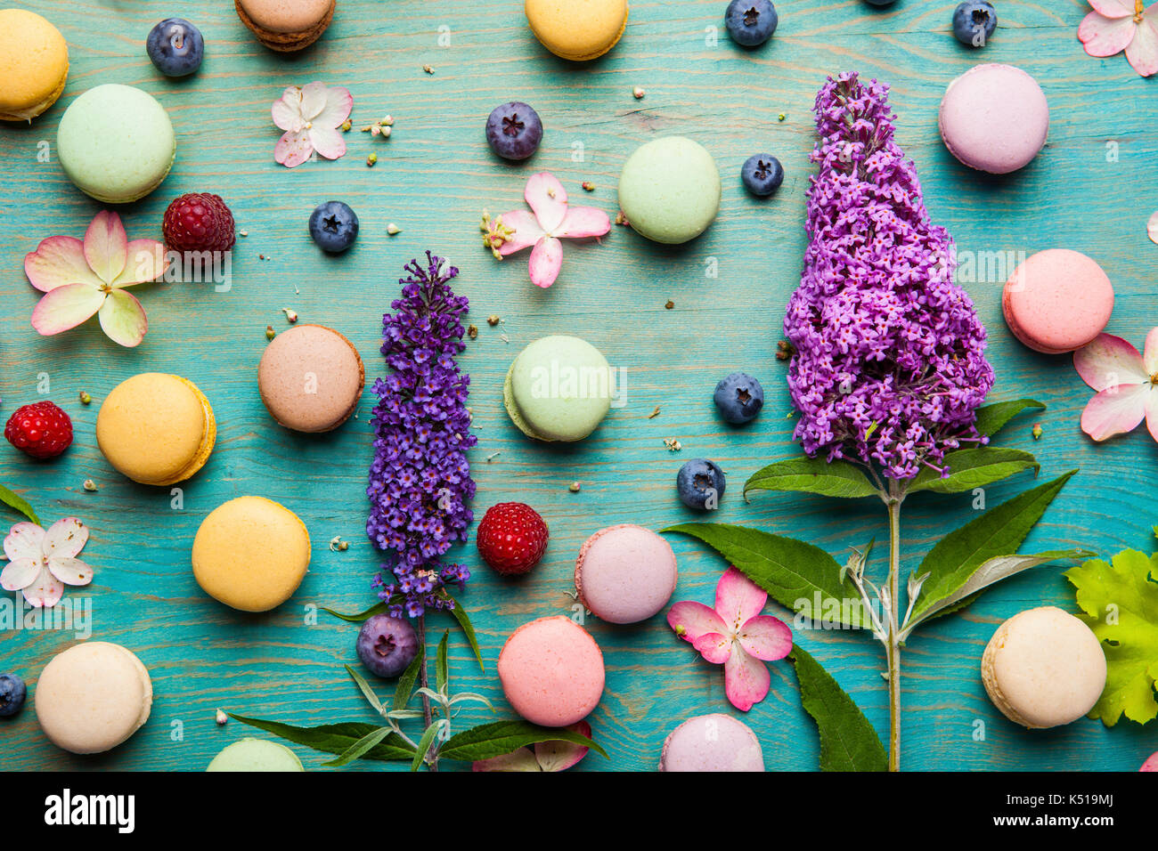 Variety of colorful french sweet dessert - makaron ( les macarons) with autumn flowers and berries. Stock Photo