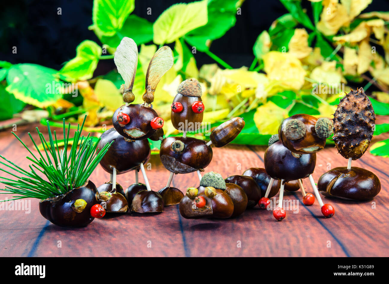 autumn figures made from chestnut fruit with creative concept Stock Photo