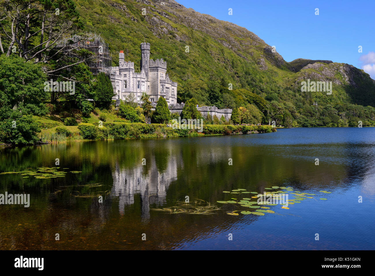 Kylemore Abbey on the banks of Pollacappul Lough in Connemara, County Galway, Republic of Ireland Stock Photo
