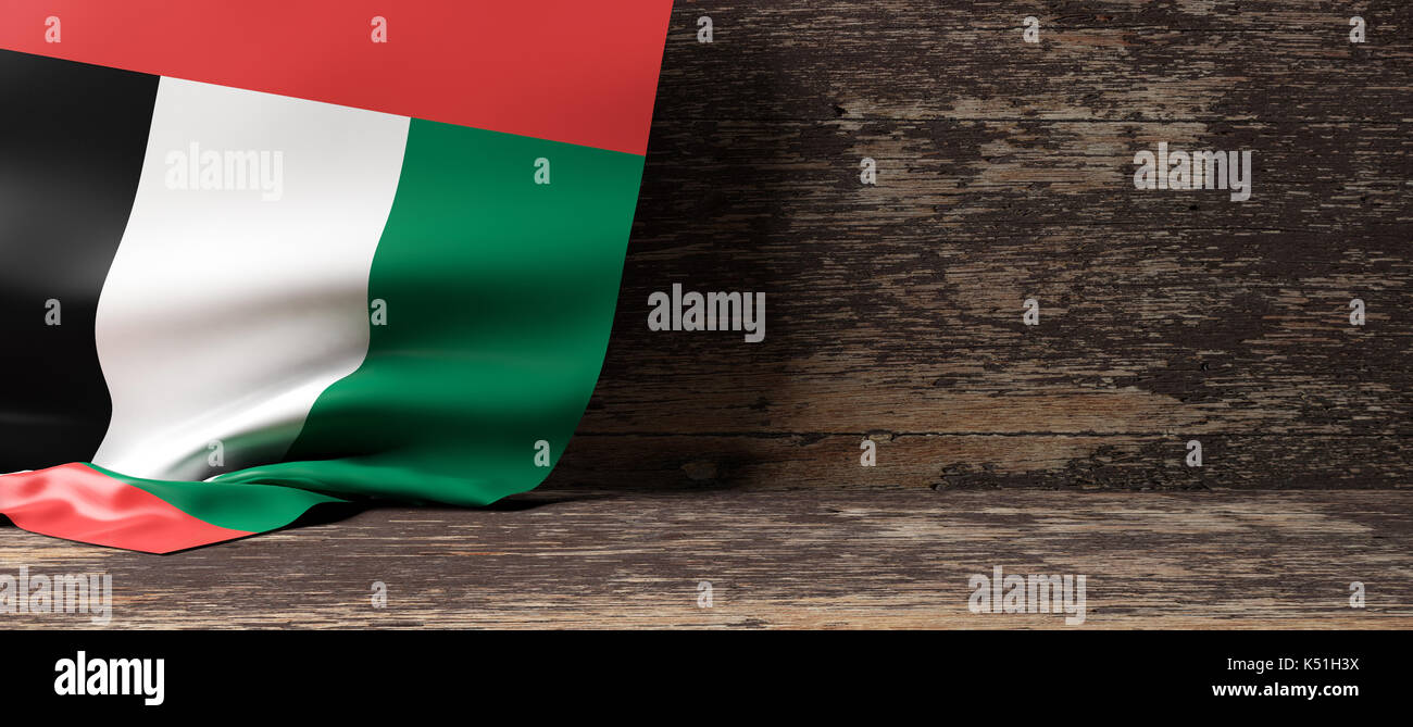 United Arab Emirates flag on a wooden background. 3d illustration Stock Photo