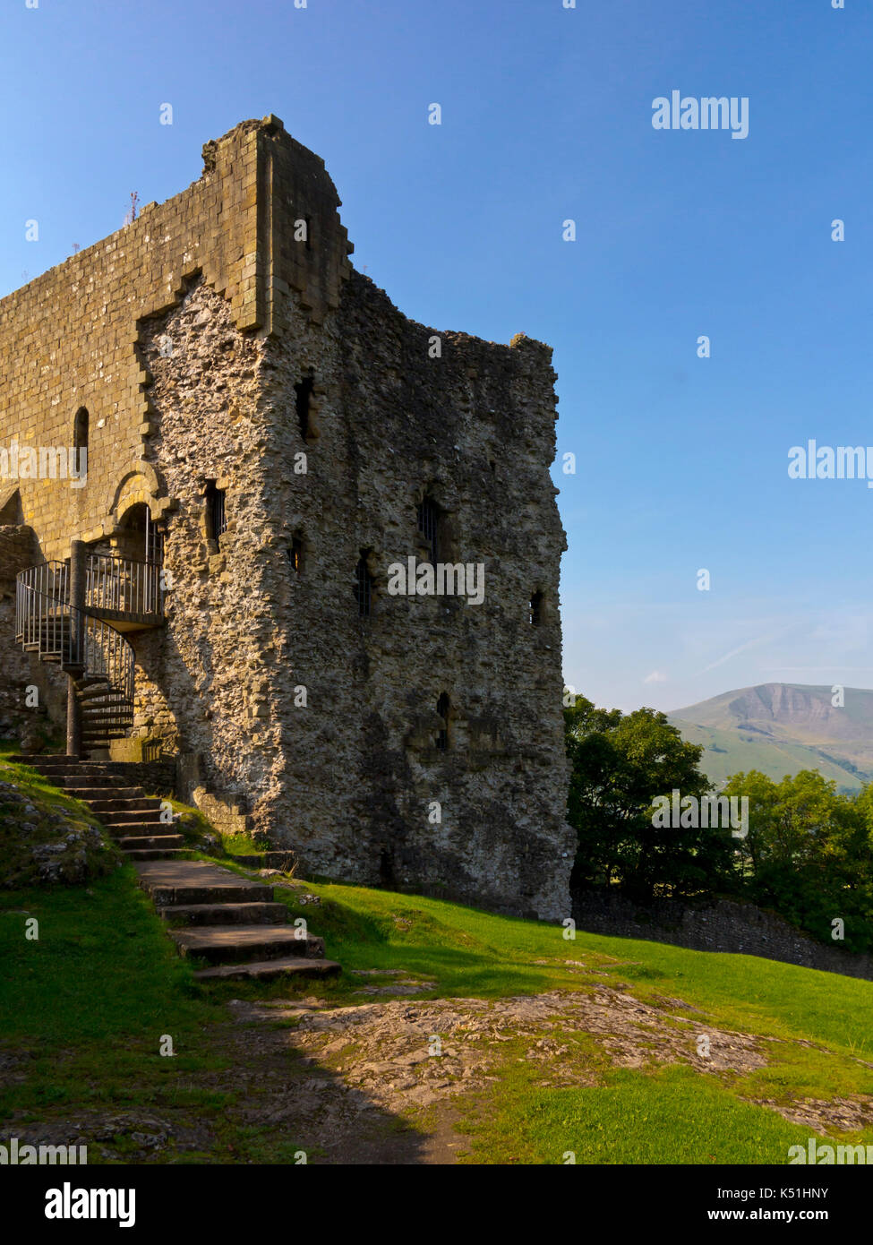 Peveril Castle a ruined 11th century castle overlooking the village of Castleton in the Derbyshire Peak District England UK Stock Photo
