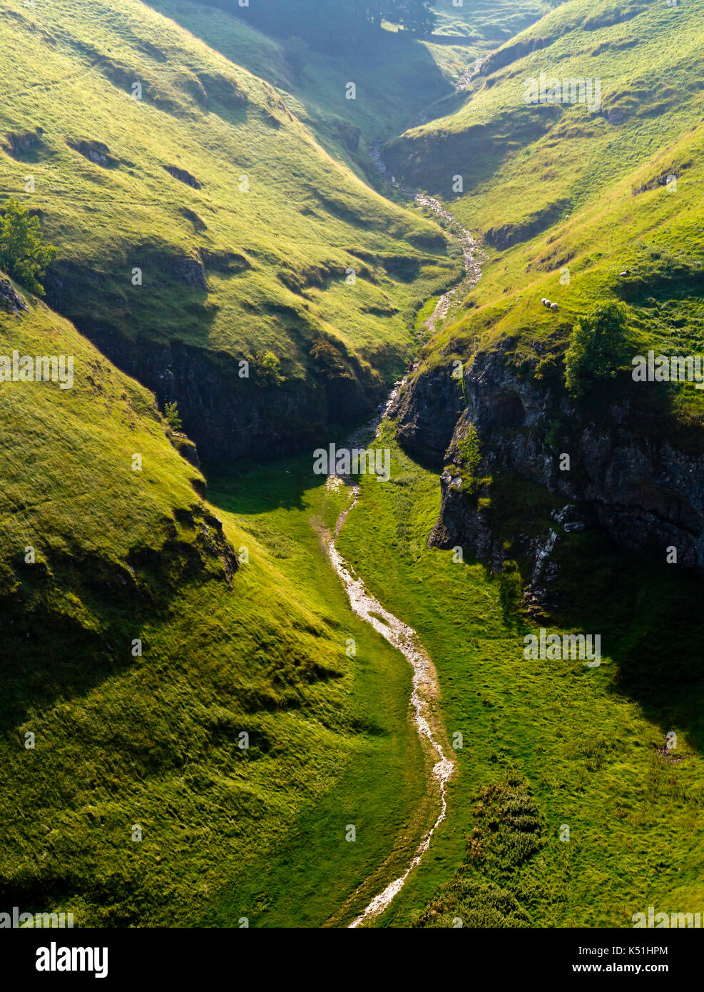 View looking down on Cave Dale a dry limestone valley near Castleton in the Derbyshire Peak District England UK Stock Photo