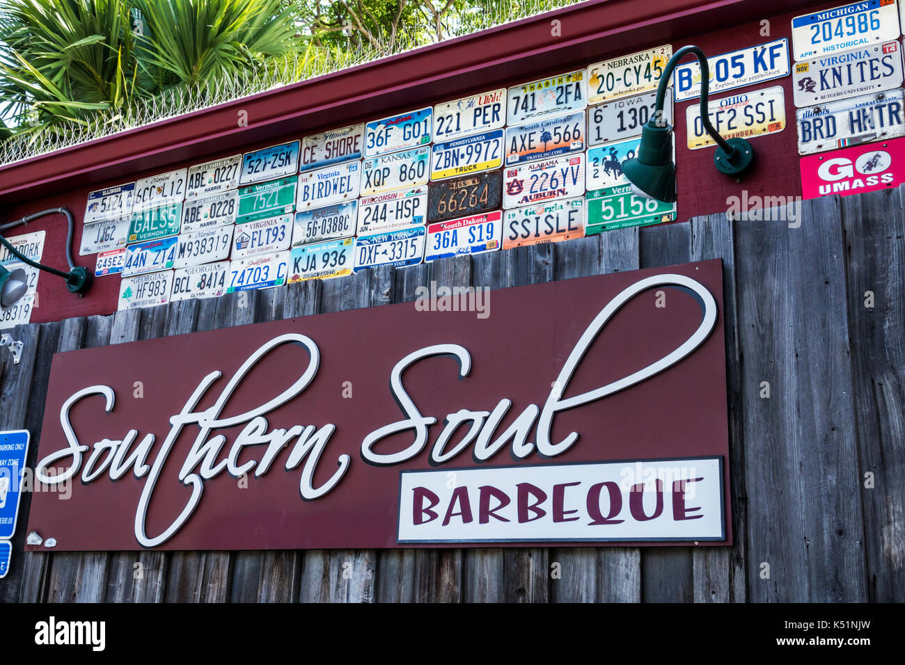 Georgia,St. Simons Island,Southern Soul Barbeque, restaurant,BBQ,sign,outside,state auto tags,USA US United States America North American,GA170512007 Stock Photo