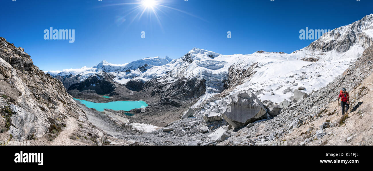 Back on the path after climbing the Ishinca mountain in Cordillera Blanca mountains, Peru Stock Photo