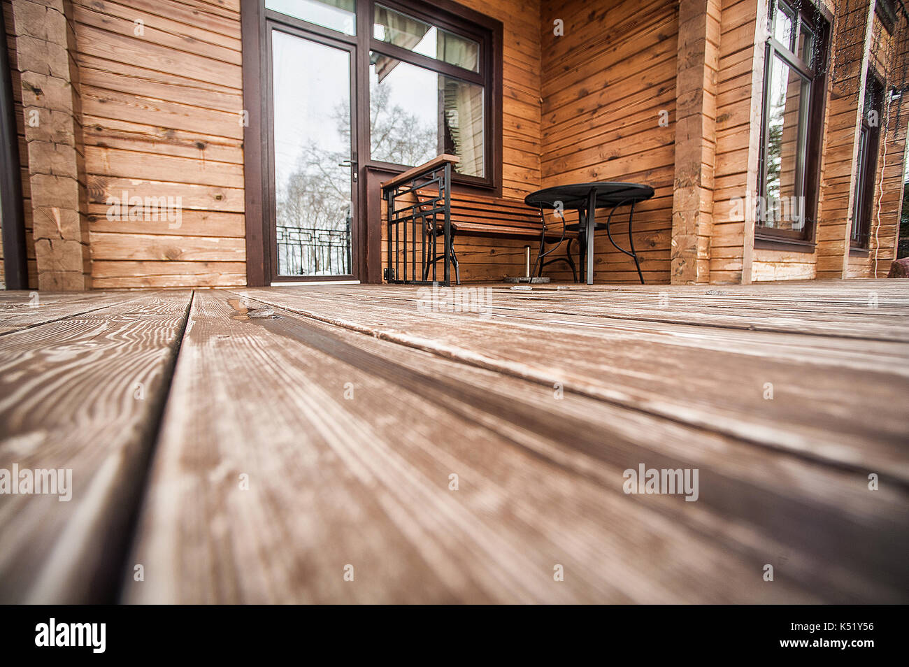 Close up of brown wooden fence panels. Wood floor texture of boards. with perspective Stock Photo