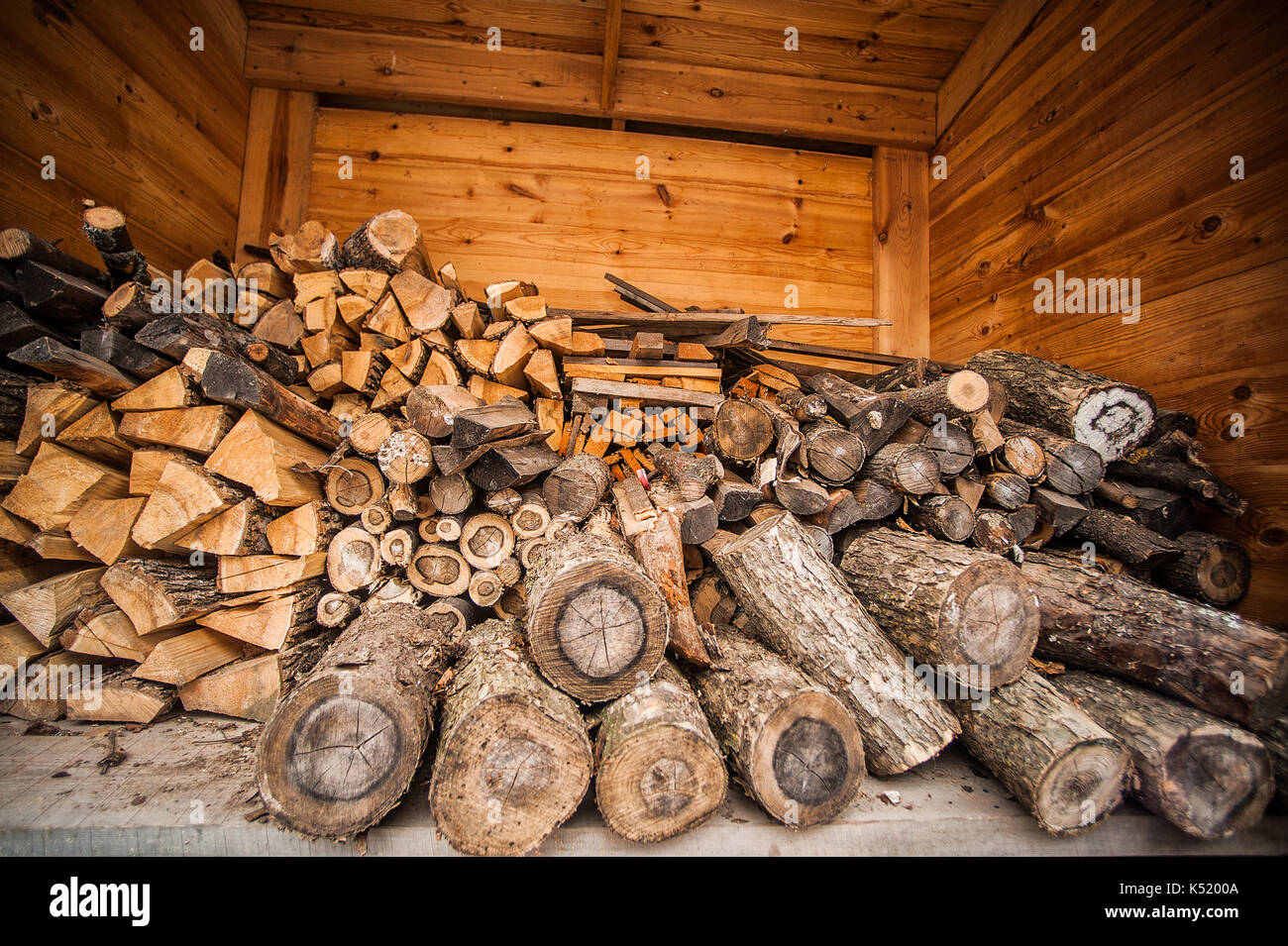 Natural wooden background, closeup of chopped firewood. Firewood stacked and prepared for winter Pile of wood logs. Chopped firewood on a stack. from  Stock Photo