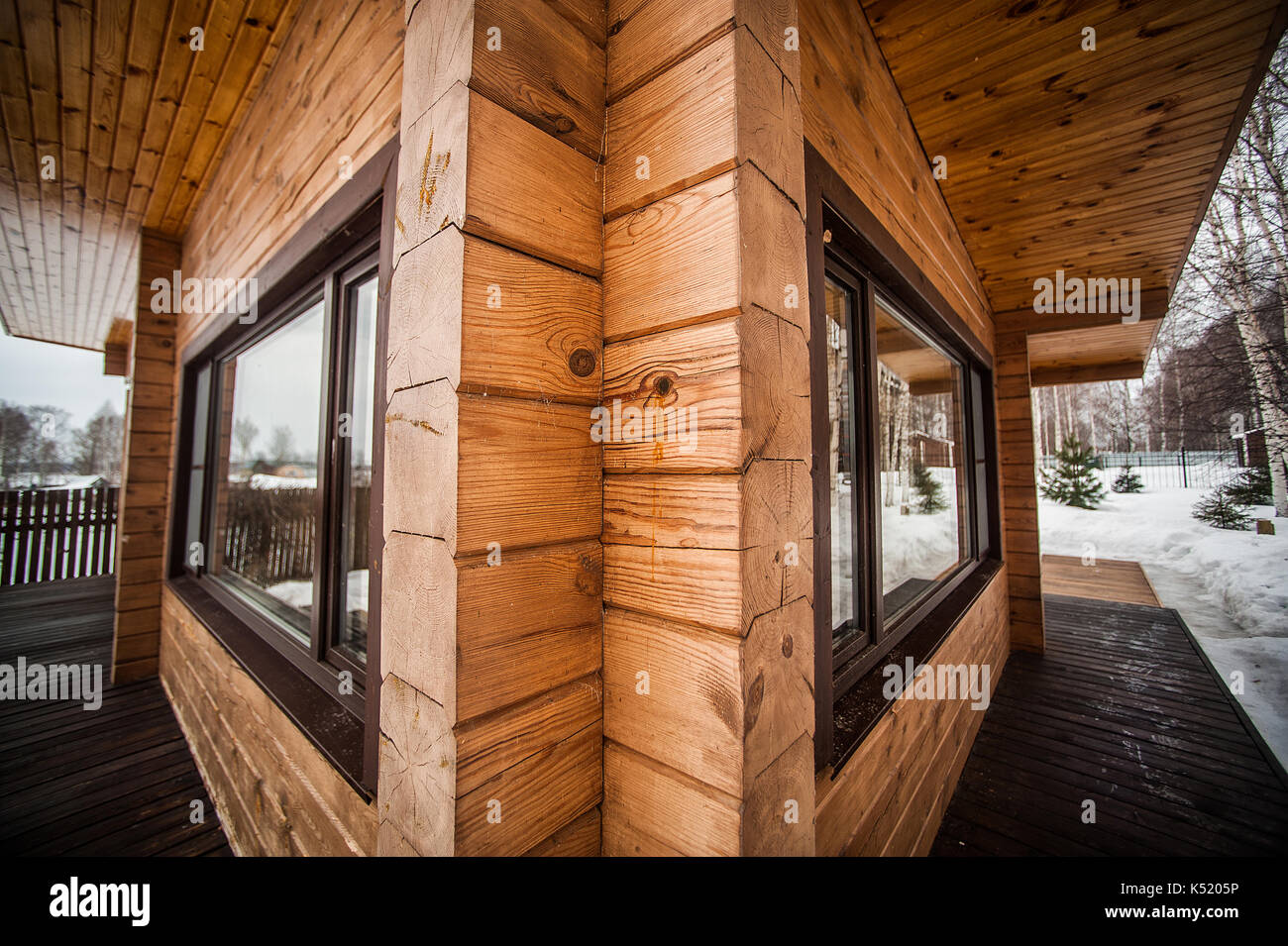 Window of a wooden house. in perspective view jf two windows Stock Photo