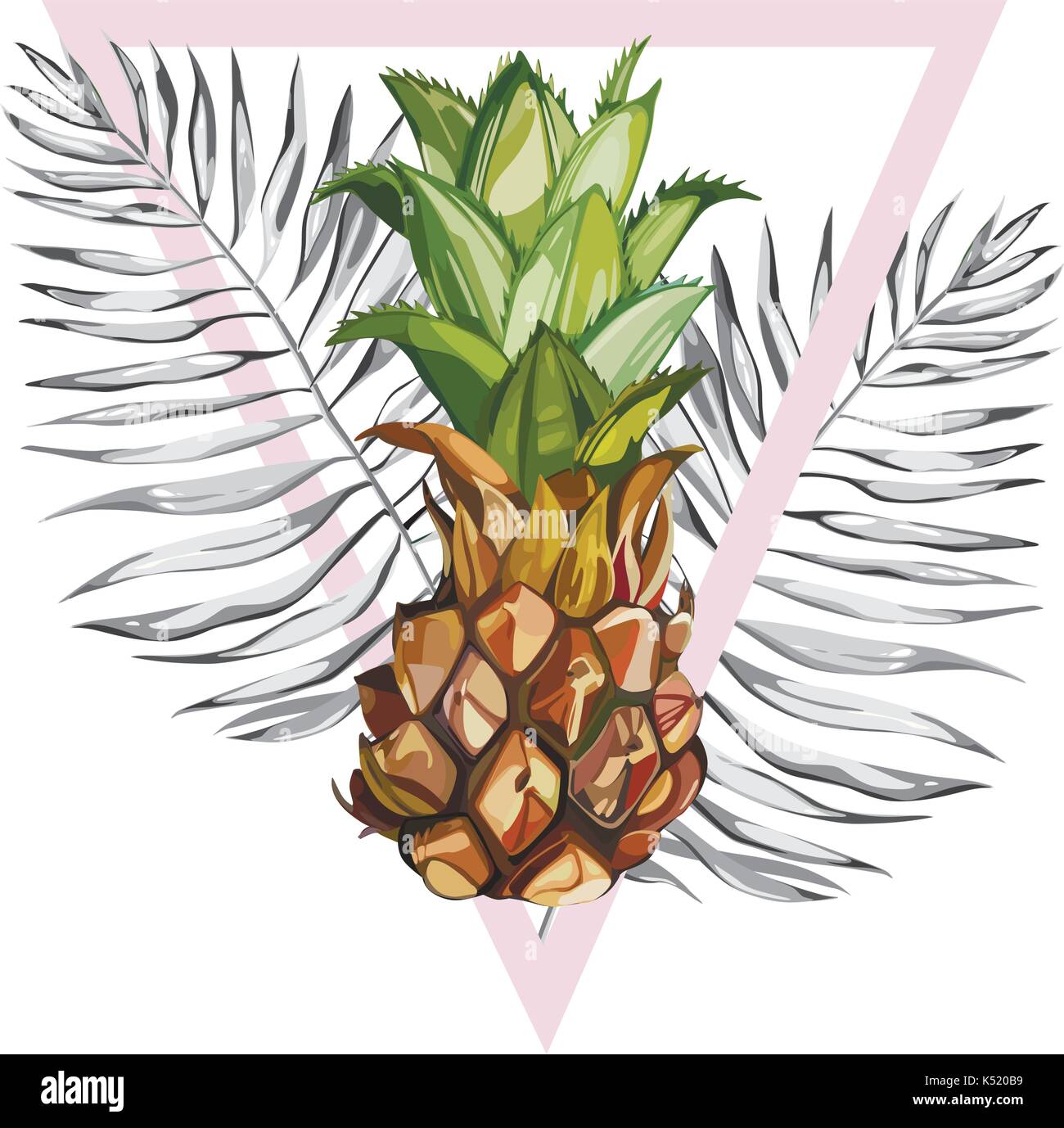 Pineapple with tropical leaves.Element for design of invitations, movie posters, fabrics and other objects. Isolated on white. Geometry set. Vector EPS 10 Stock Vector