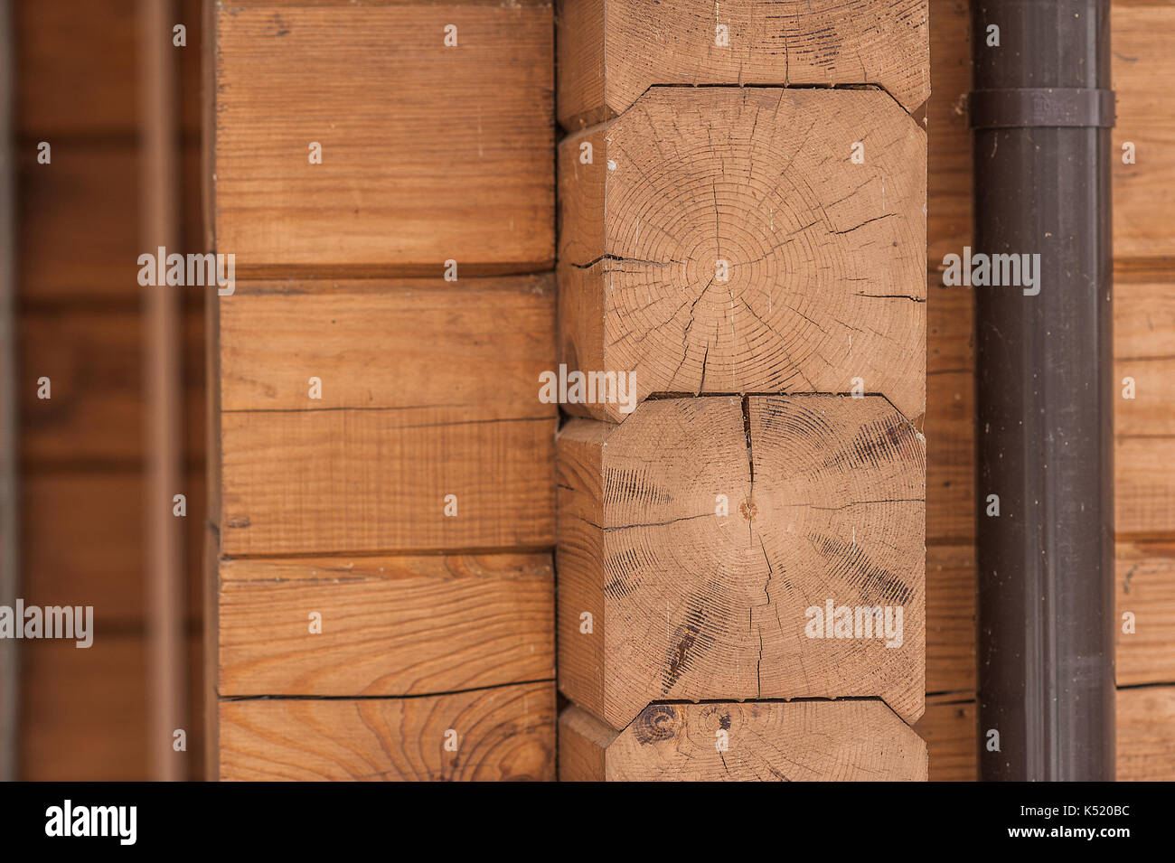 Texture - wooden boards brown color. Texture of a wooden wall from a bar. at intersection another view close up Stock Photo