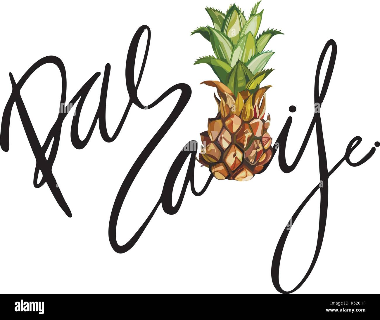 Lettering phrase - Paradise. Composition with watercolor hand drawn ananas. Background for food packaging, cards posters. isolated on white. Pineapple Stock Vector