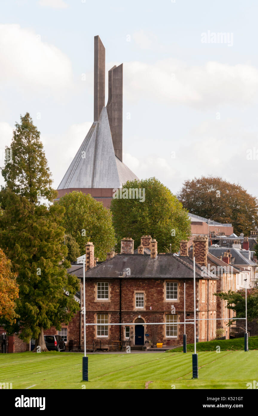 Clifton Cathedral seen across the playing fields of Clifton College public school. Stock Photo