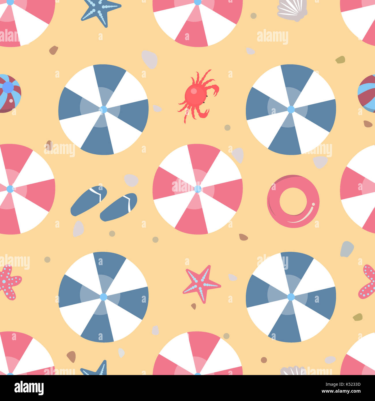 Summer Seamless Pattern. Beach with umbrellas and other summer elements ...