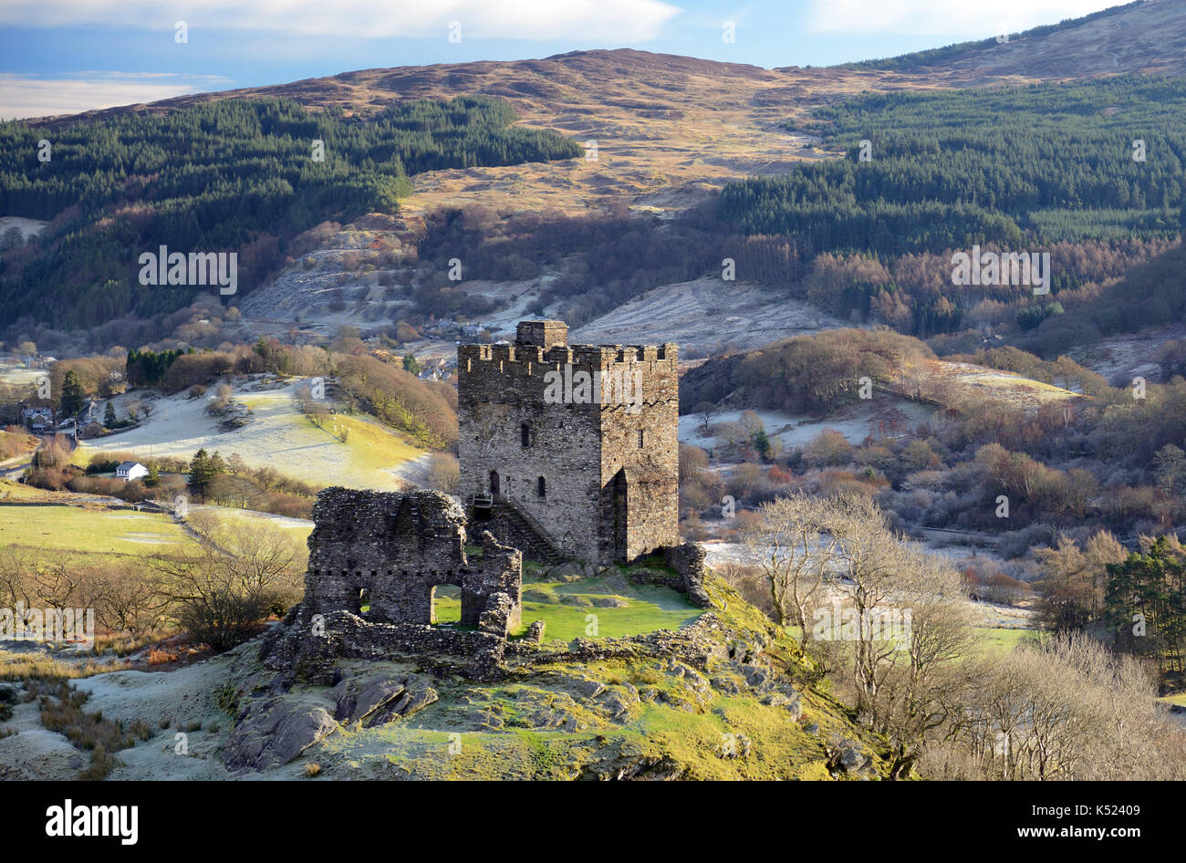 Dolwyddelan Castle is located near Dolwyddelan in North Wales. It was partly built in the early 13th century by Prince Llywelyn but later modified. Stock Photo