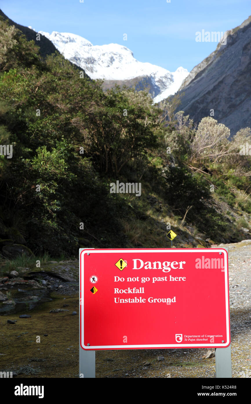 public safety notice Fox Glacier New Zealand Stock Photo