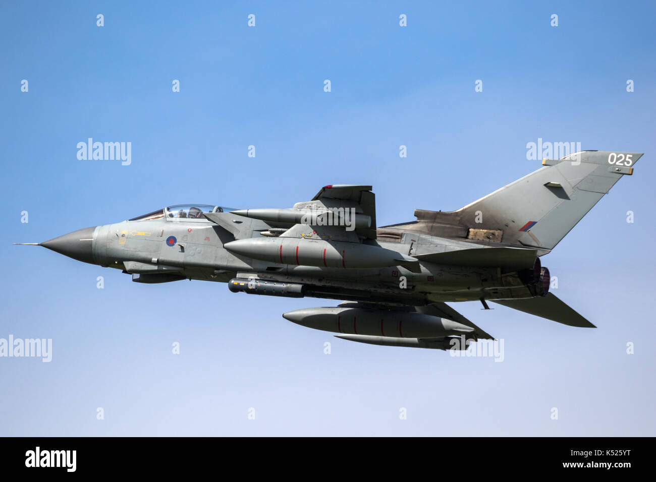 LEEUWARDEN, THE NETHERLANDS - MRT 28, 2017: British Royal Air Force Tornado GR.4 bomber jet plane take off during NATO exercise Frisian Flag. Stock Photo