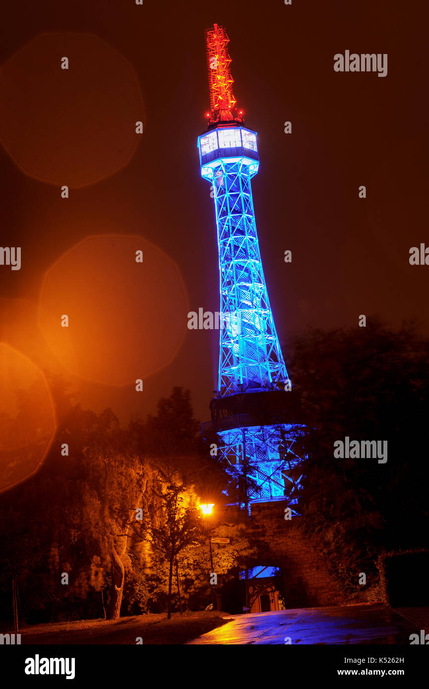 Lighting Petrin lookout tower in Prague at night Stock Photo