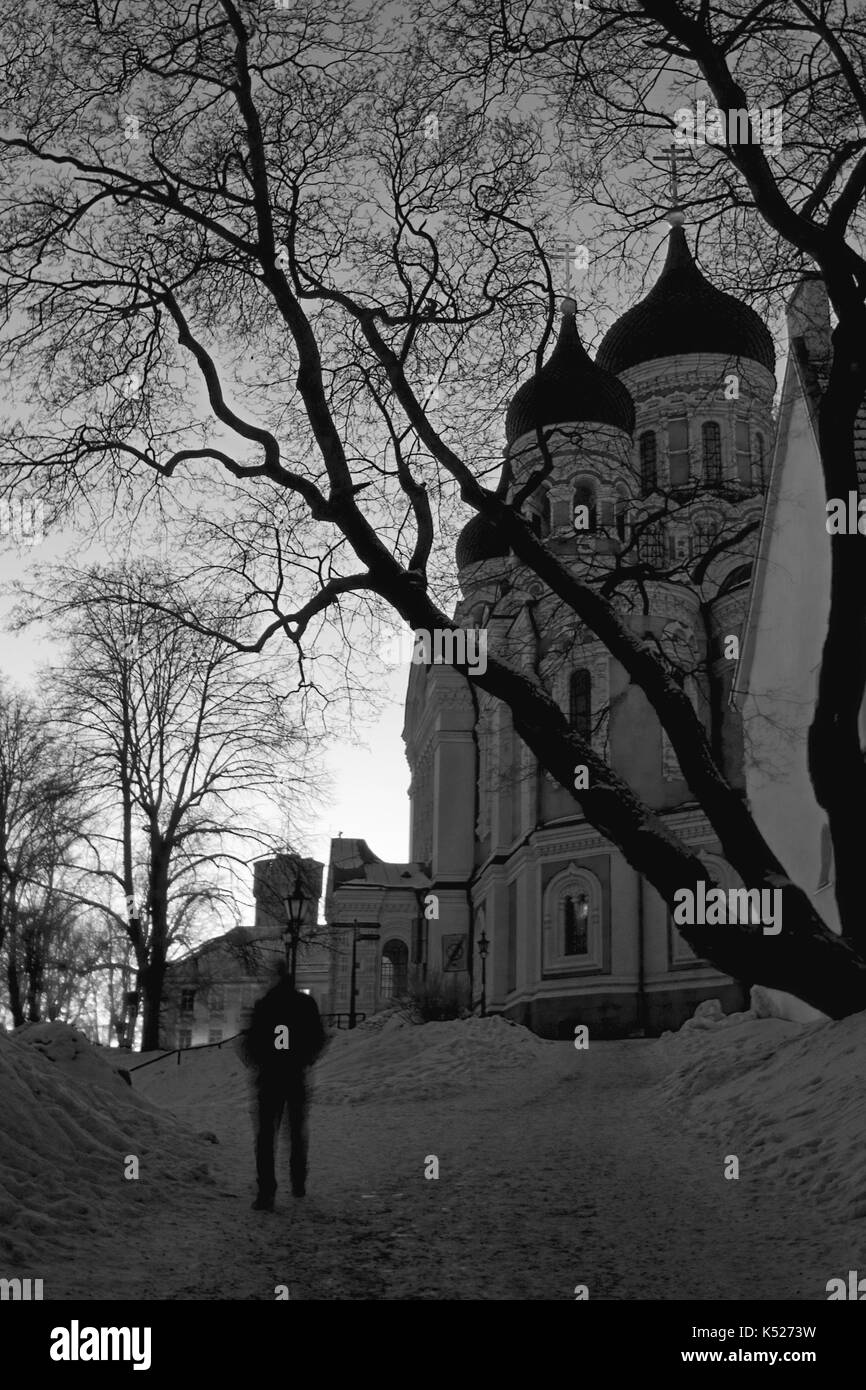 Aleksander Nevski Cathedral from the top of Lühike Jalg (Short Leg), Old Town,Tallinn, Estonia, on a Winter's evening: black and white version Stock Photo
