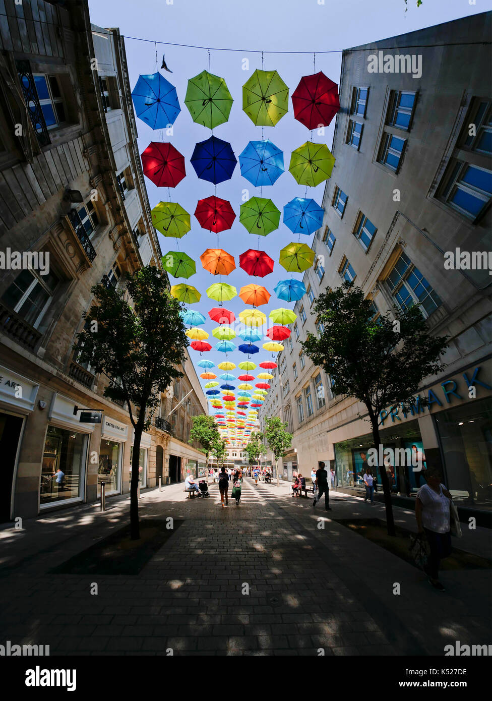 Umbrella Project art installation using 200 colourful brollies in Church Alley, Liverpool. Created to celebrate 10th anniversary of ADHD Foundation. Stock Photo