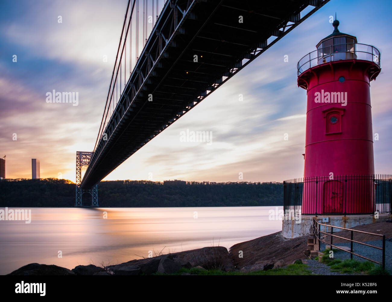 Long Exposure of Little Red Lighthouse and George Washington Bridge Stock Photo