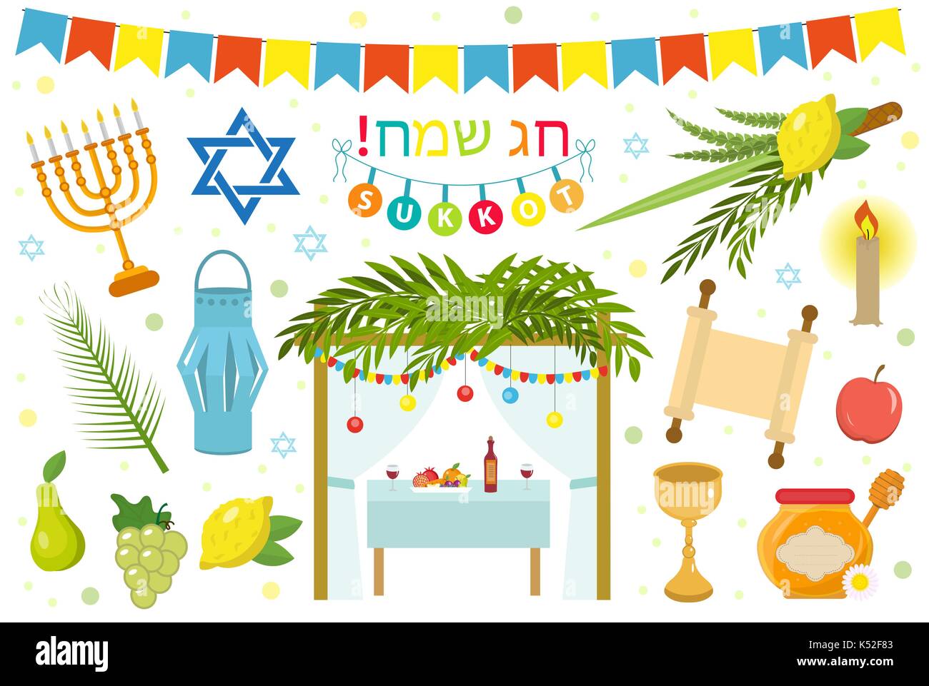 Happy Sukkot icon set, flat, cartoon style. Collection objects, design elements. Jewish Feast of Tabernacles with sukkah, etrog, lulav, Arava, Hadas. Isolated on white background. Vector illustration. Stock Vector