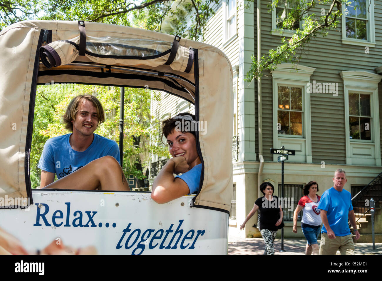 Savannah Georgia,historic district,Lafayette Square,pedicab,driver,waiting,visitors travel traveling tour tourist tourism landmark landmarks,culture c Stock Photo